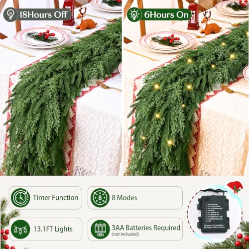 12Ft Artificial Christmas Garland with Real Touch Cedar and Norfolk Pine - Flexible, Lush Holiday Decor