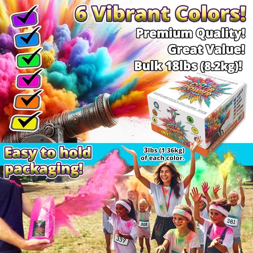 Party Goat 6-Color Bulk Holi Color Powder Pack – 18 lb for Color Runs & Events