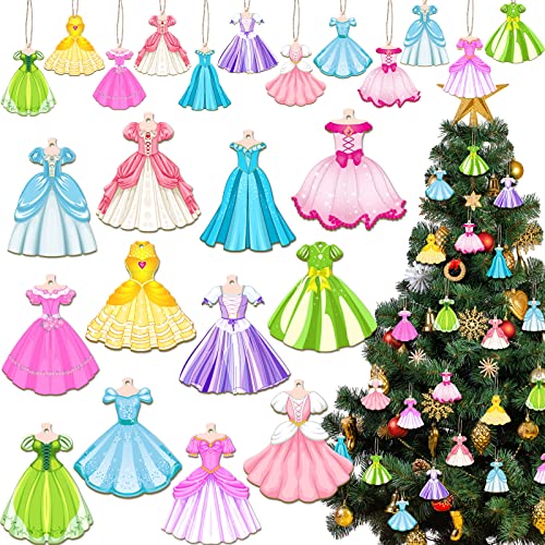 24 Pcs Princess Dress Wooden Ornaments for Christmas Tree Decorations
