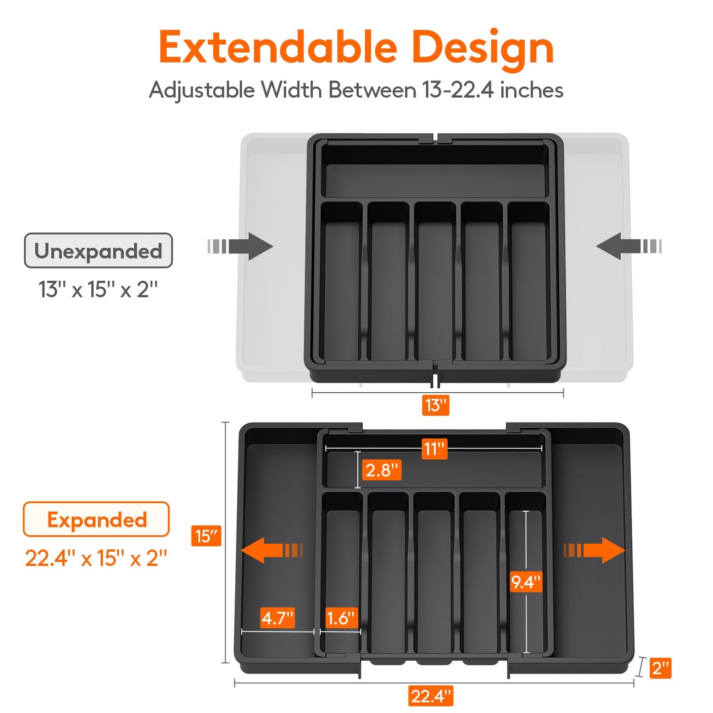 Lifewit Silverware Drawer Organizer, Expandable Utensil Tray for Kitchen, BPA Free Flatware and Cutlery Holder, Adjustable Plastic Storage for Spoons Forks Knives, 13-22 x 15", Black