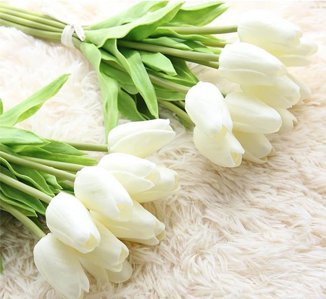 Real Touch Mini PU Tulips Bouquet - Premium Artificial Flowers for Wedding, Home & Event Decor (Set of 30, Cream White)