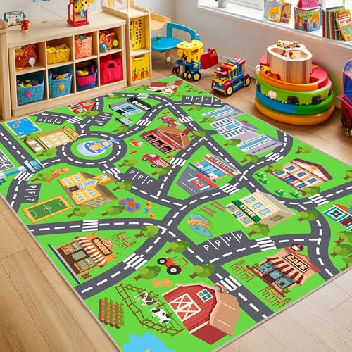 Kids Playroom Rug 7x9 ft Town & City Road Map Play Mat - Soft, Non-Slip, Educational