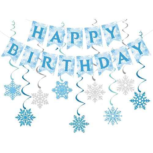 Winter Snowflake Hanging Swirl Happy Birthday Party Decorations Banner, Blue White Silver Christmas Glitter Snowflake Hanging Swirls for Winter Wonderland Birthday Party Supplies