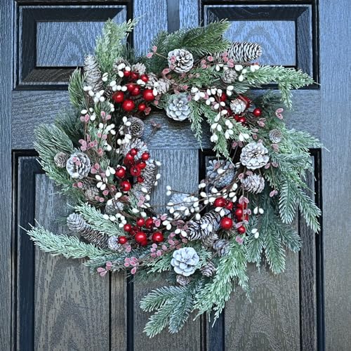 Jobflower 24 Inch Christmas Wreath with Natural Pine Cones, Red Berries & Berry Variant, Indoor Outdoor Holiday Decor