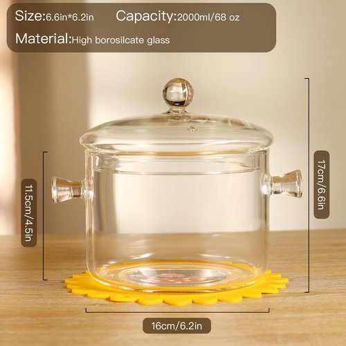 Clear Glass Cooking Pot With Lid And Brush And Silicone Hot Pads On Stove - 2L(68oz) Borosilicate Glass Simmer Pot And Pan With Cover - Glass Cookware Stovetop Pot Set For Pasta, Noodle, Soup, Milk