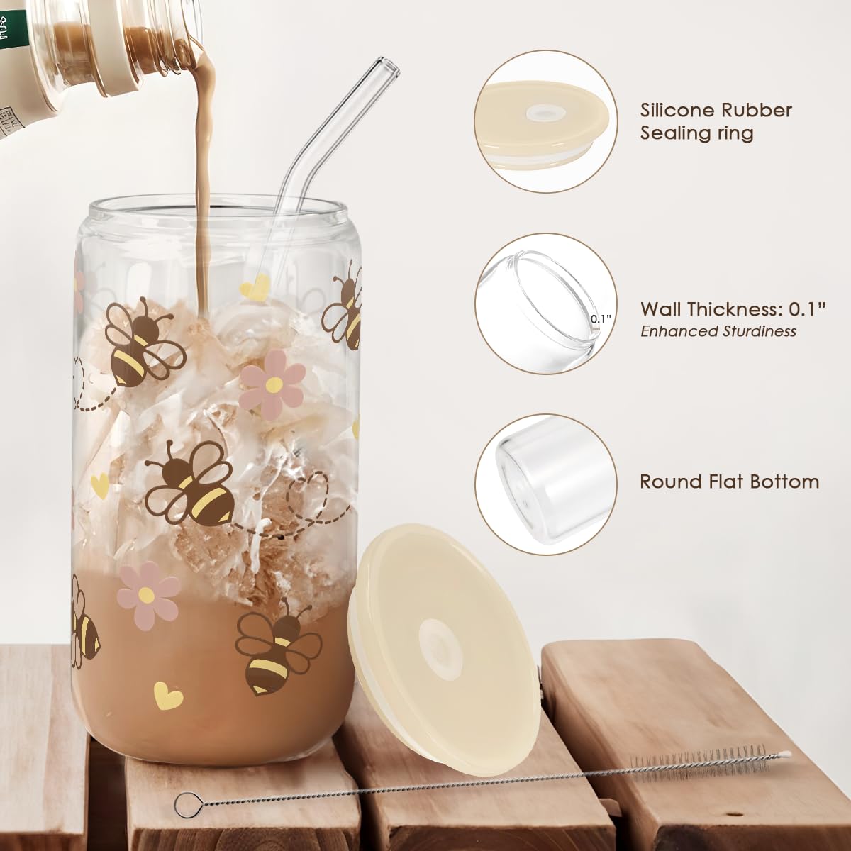 SANDJEST Bee 16oz Can Glass Tumbler with Acrylic Lid & Straw - Iced Coffee Cup for Women Girls, Aesthetic Cups Gifts for Birthday Christmas