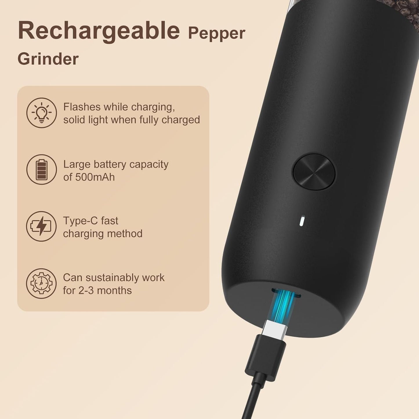 Ultrean Rechargeable Pepper Grinder - Automatic Salt & Pepper Mill with LED Light & 6 Coarseness Settings | Black