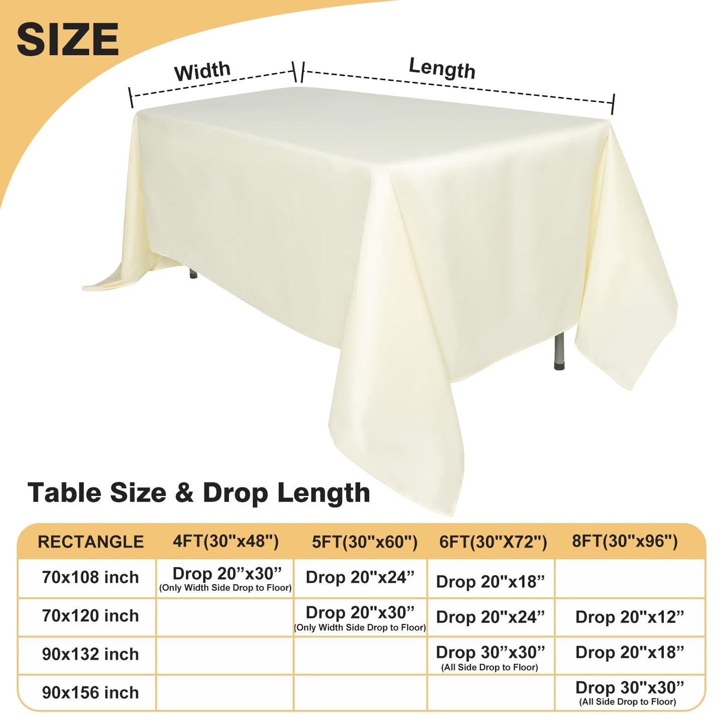 6 Pack 70x120-In Rect Light Beige Tablecloths-Reusable Polyester Table Covers – Protect from Spills (Not Waterproof) – for Weddings, Banquets, Parties – Ships Folded, Wrinkles Likely, Steam Before Use