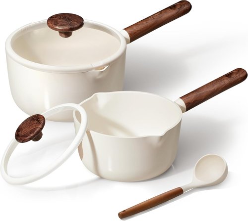 CAROTE Sauce Pan Set - 2QT & 3QT Nonstick Ceramic Pots with Lid & Ladle | Easy to Clean, Induction Compatible, White