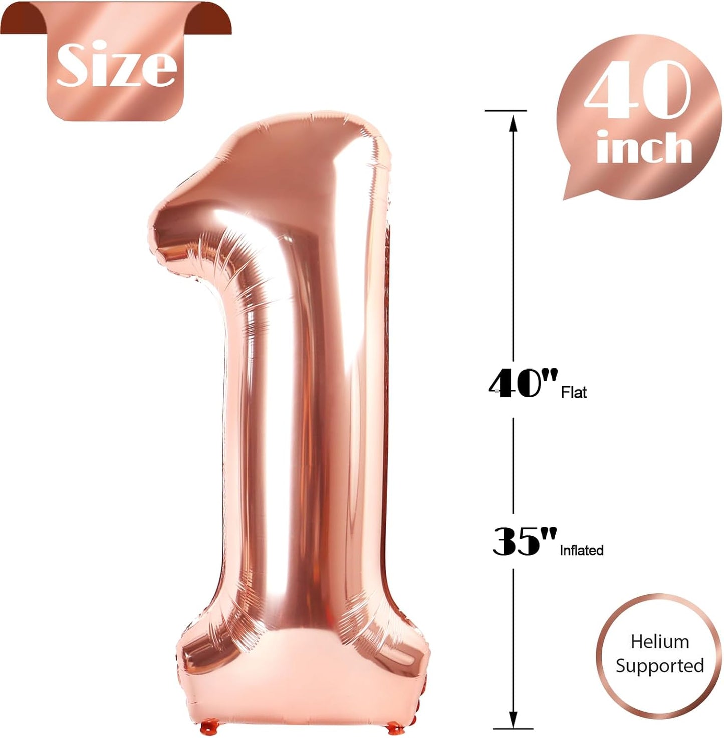 Rose Gold Number 1 Balloon - 40 Inch Shiny First Birthday Decoration for Baby Boy or Girl