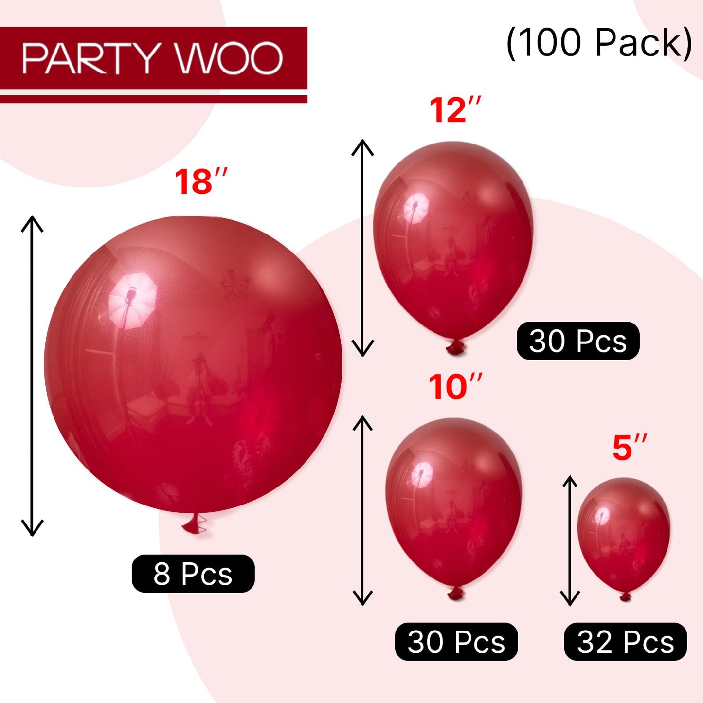 PartyWoo Burgundy Balloons 100pcs Different Sizes of 18 12 10 5 Inch Dark Red Maroon Ruby Red Balloon Arch Kit Garland for Graduation Valentine's Day Wedding Anniversary Party Decorations Red-Y75