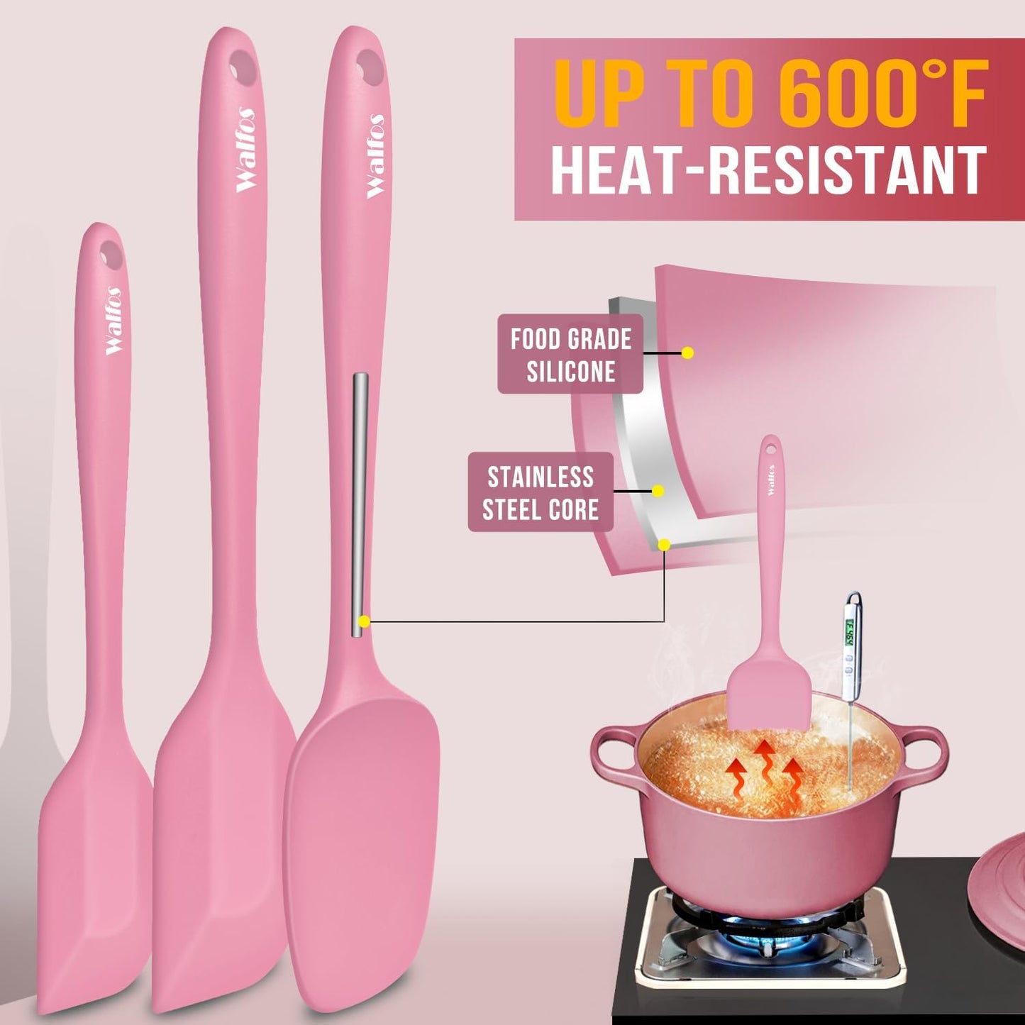 Walfos Silicone Spatula Set - High Heat Resistant Kitchen Scrapers (600°F) | BPA Free & Dishwasher Safe - Pink
