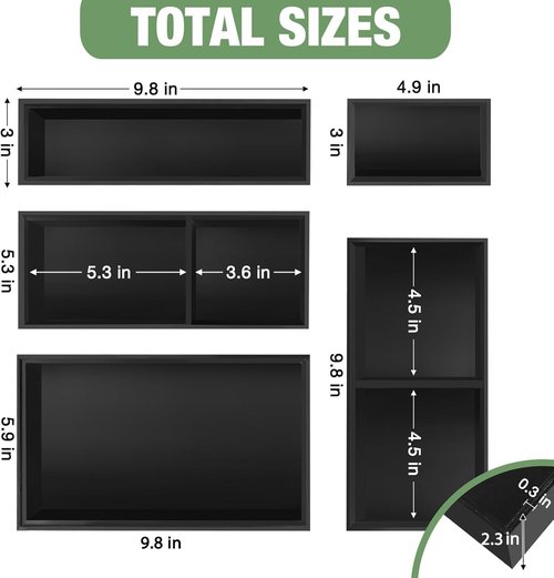 Bamboo Drawer Organizer - 5 PCS Black Silverware Tray & Desk Storage | Removable Cabinet Dividers for Kitchen & Office