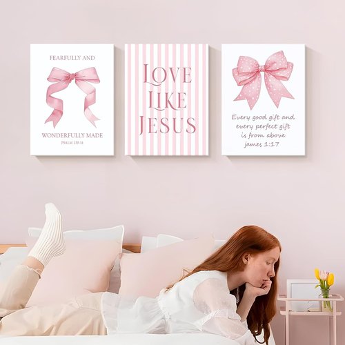Dytila 3 Piece Pink Bows Wall Art - Cute Bible Verse Decor for Girls' Rooms | 12x16 Inch