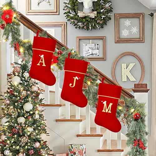 Personalized Christmas Stockings with Initials, 20 Inches Large Red Velvet Embroidered Monogram Xmas Stocking for Family Holiday Party Gifts Fireplace Decor(Letter J)