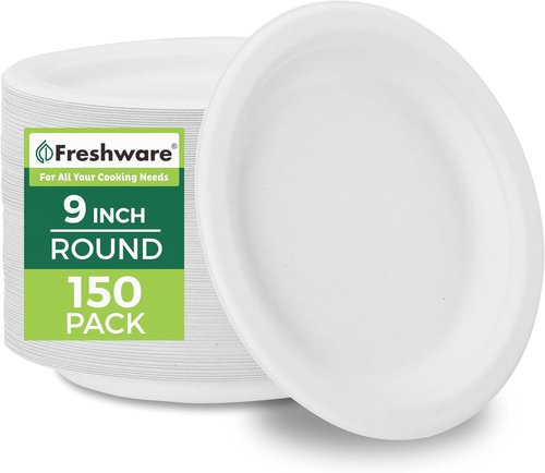 Freshware Paper Plates - Biodegradable 9" Disposable Dinner Plates | Heavy-Duty, Microwave & Freezer Safe - 150-Pack