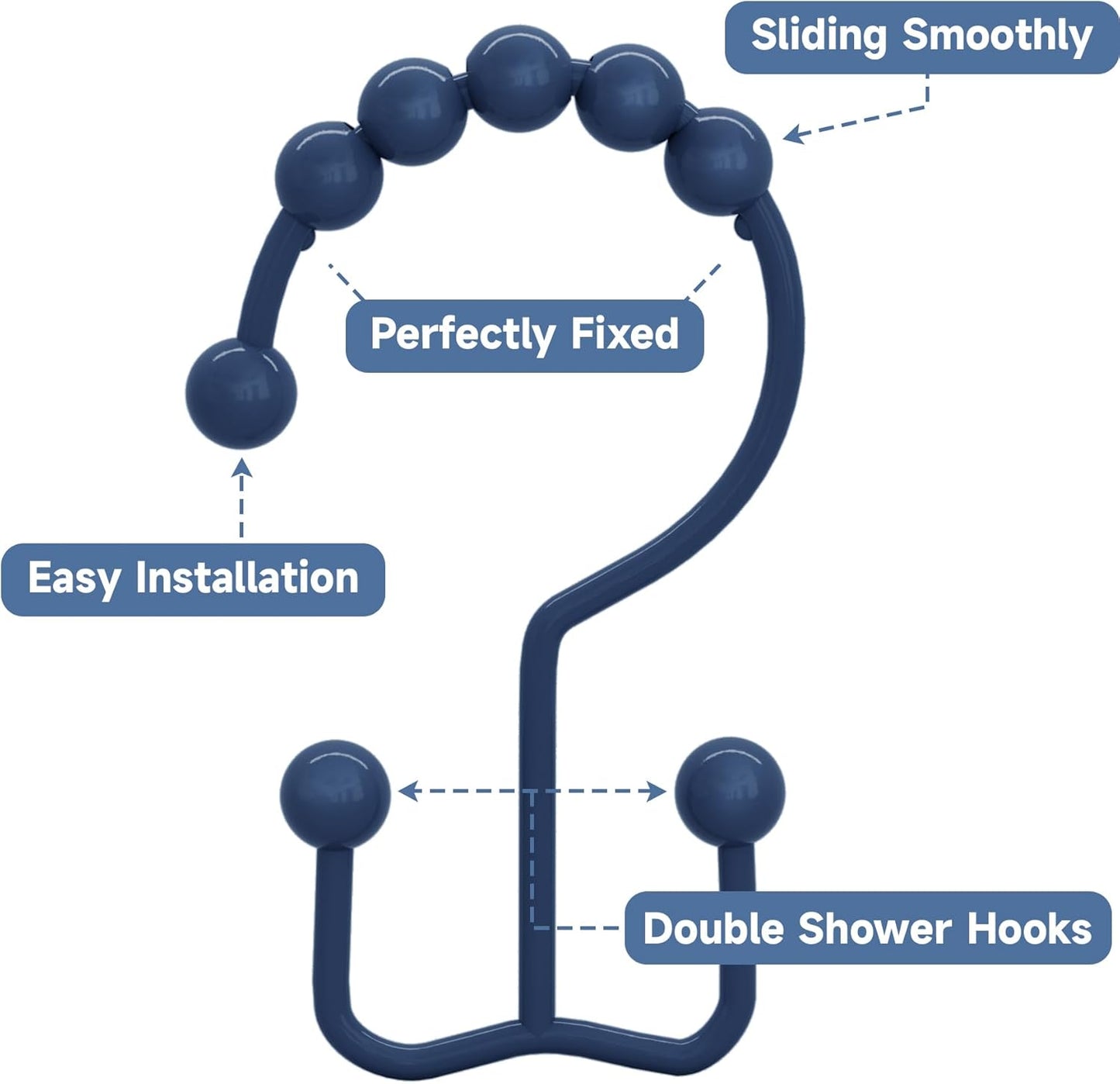 Titanker Shower Curtain Hooks - Rust-Resistant Metal Double Glide Design, Set of 12 - Navy Blue