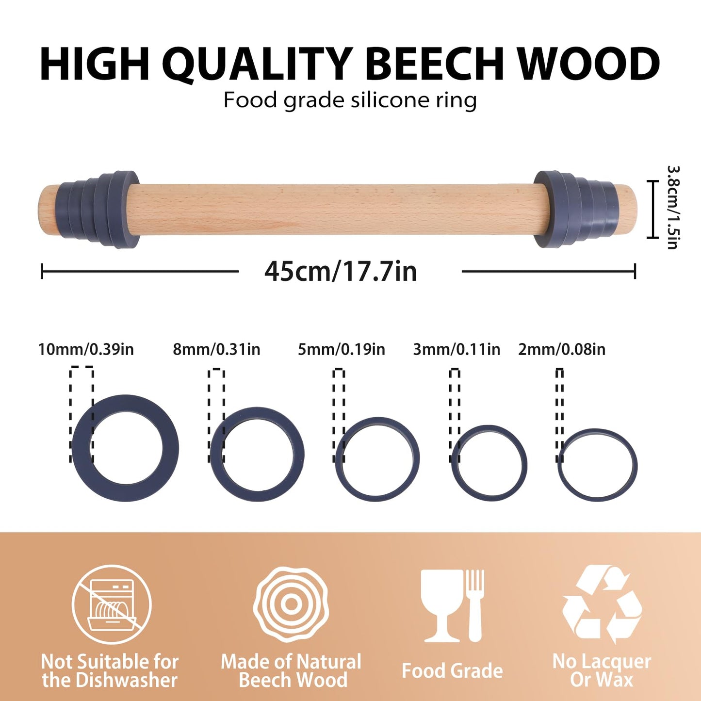 Adjustable 17.5 Inches Wood Rolling Pin with Thickness Rings for Baking -Non Stick Wooden Dough Roller Pin with Spacer Bands for Cookie,Pie Crust, Pastry Fondant By Folksy Super Kitchen(17.5, Grey)