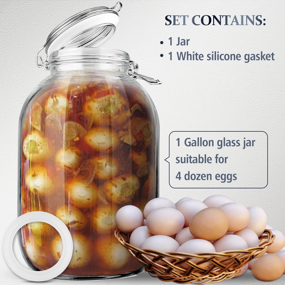 Folinstall Gallon Glass Jar with Airtight Lid - Large Mason Jar for Pickled Eggs, Kombucha, Limoncello, Sun Tea (Extra Gasket)