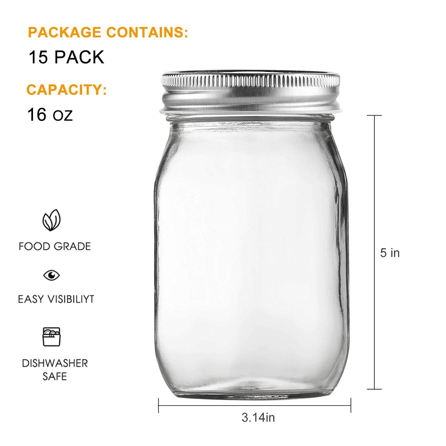 Accguan 16Pack 16oz Glass Mason Jars with Regular Airtight Lids, Clear Glass Jars Ideal for Canning, Pickling, Meal Prep, Jam, Honey, DIY Shower/Wedding Favors, Labels & Pen Included,Pint Canning Jars
