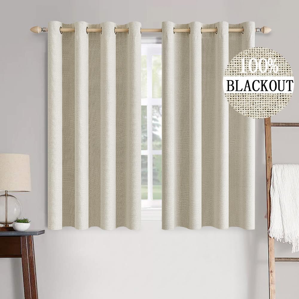 MIULEE 100% Blackout Linen Textured Curtains - Thermal Insulated Cream Drapes | 52 x 54 Inch (2 Panels)