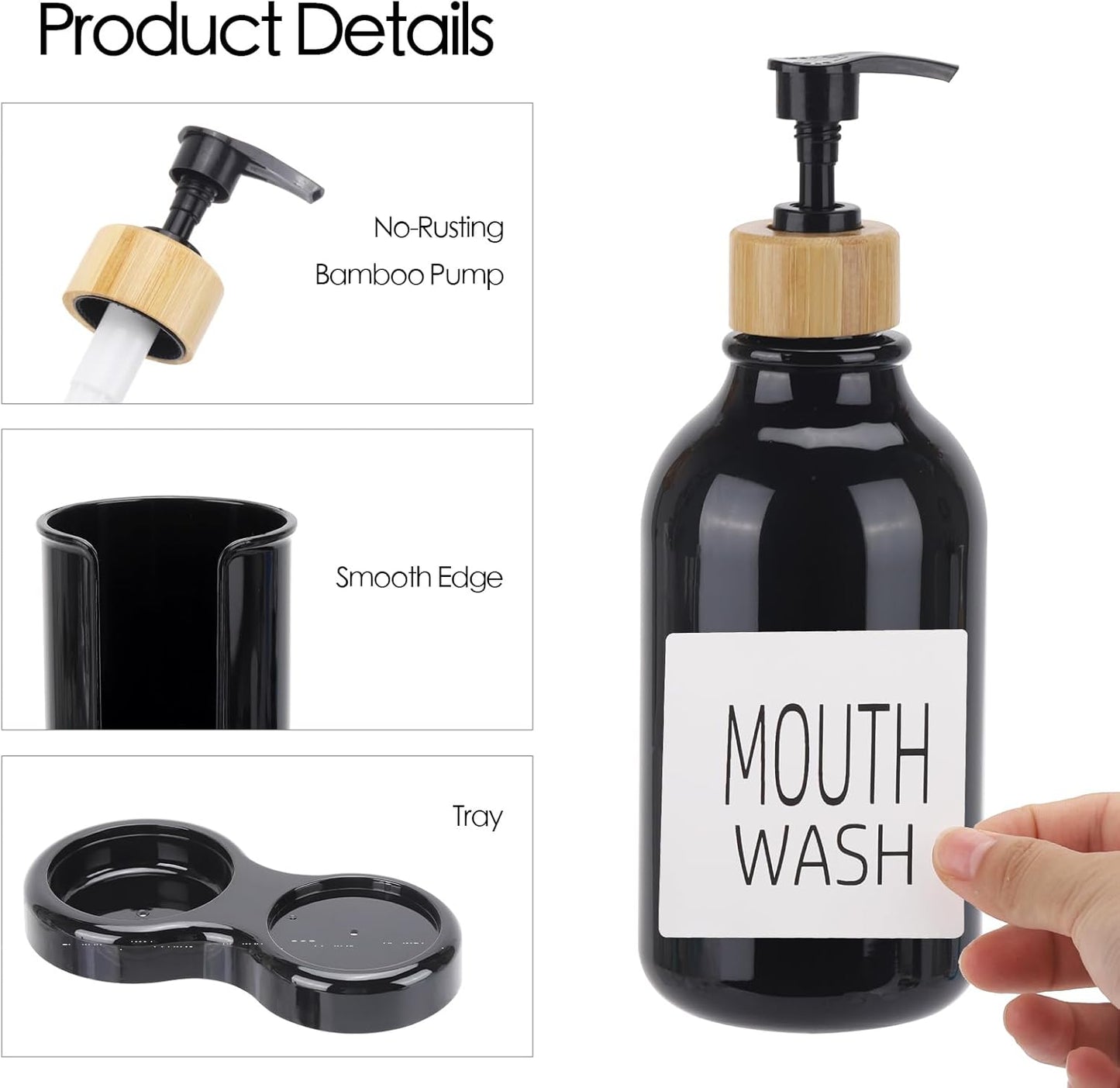 Regine Switzerland Mouthwash Dispenser - 16oz Plastic Holder with Cup and Tray - Black