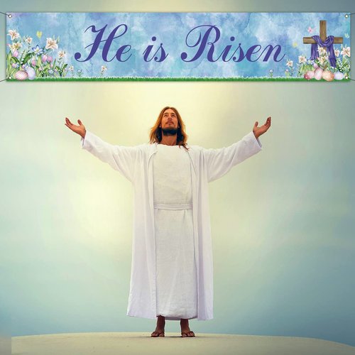 He is Risen Fence Banner Easter Christian Cross Lily Eggs Religious Party Photo Booth Backdrop Yard Outdoor Decoration