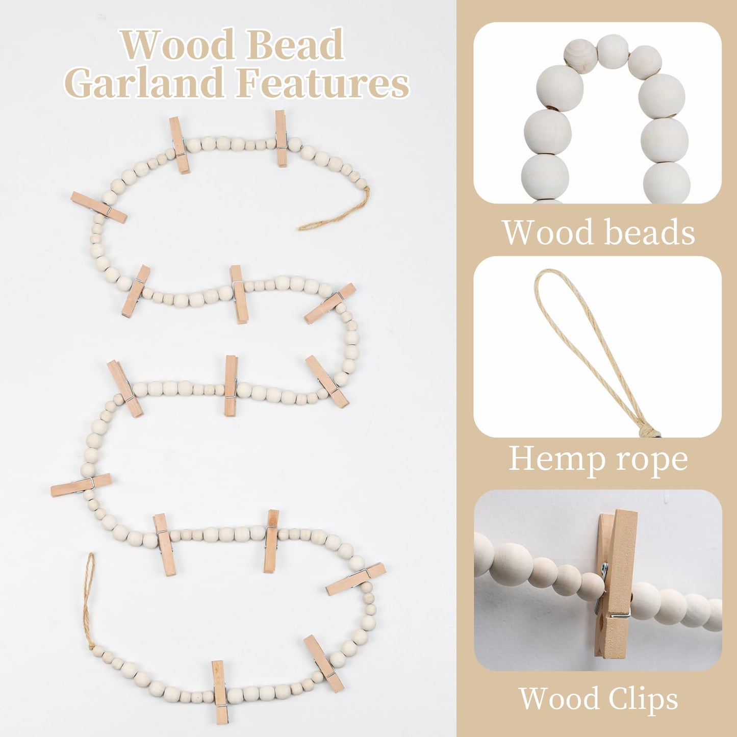 3PCS Hanging Photo Display with 45 Clips, 67 Inch Boho Wooden Bead Garland Photo Banner, Kids Art Display Collage Picture Postcard Display, Photo String for Bedroom Dorm Cubicle Wall Decor Teen Gifts