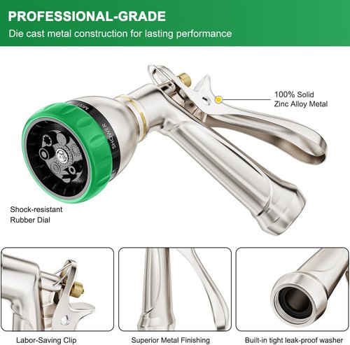 FANHAO Heavy Duty Garden Hose Nozzle - 100% Metal Sprayer with 7 Spray Patterns | Ergonomic Design for High Pressure Watering
