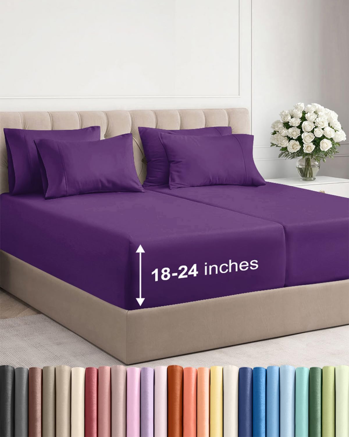 Skiennix Extra Deep Split King Sheet Set - 7 Piece Breathable Cooling Bedding - Soft Wrinkle-Free Purple