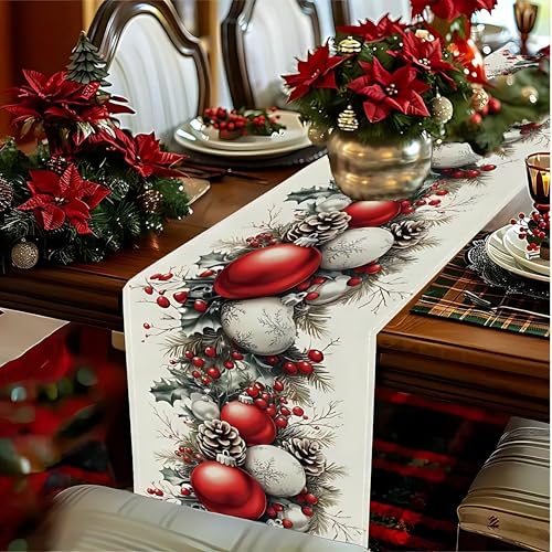 Everglit Christmas Table Runner 13x72 Linen with Balls, Holly Leaves, Berries, Pine Cones & Branches