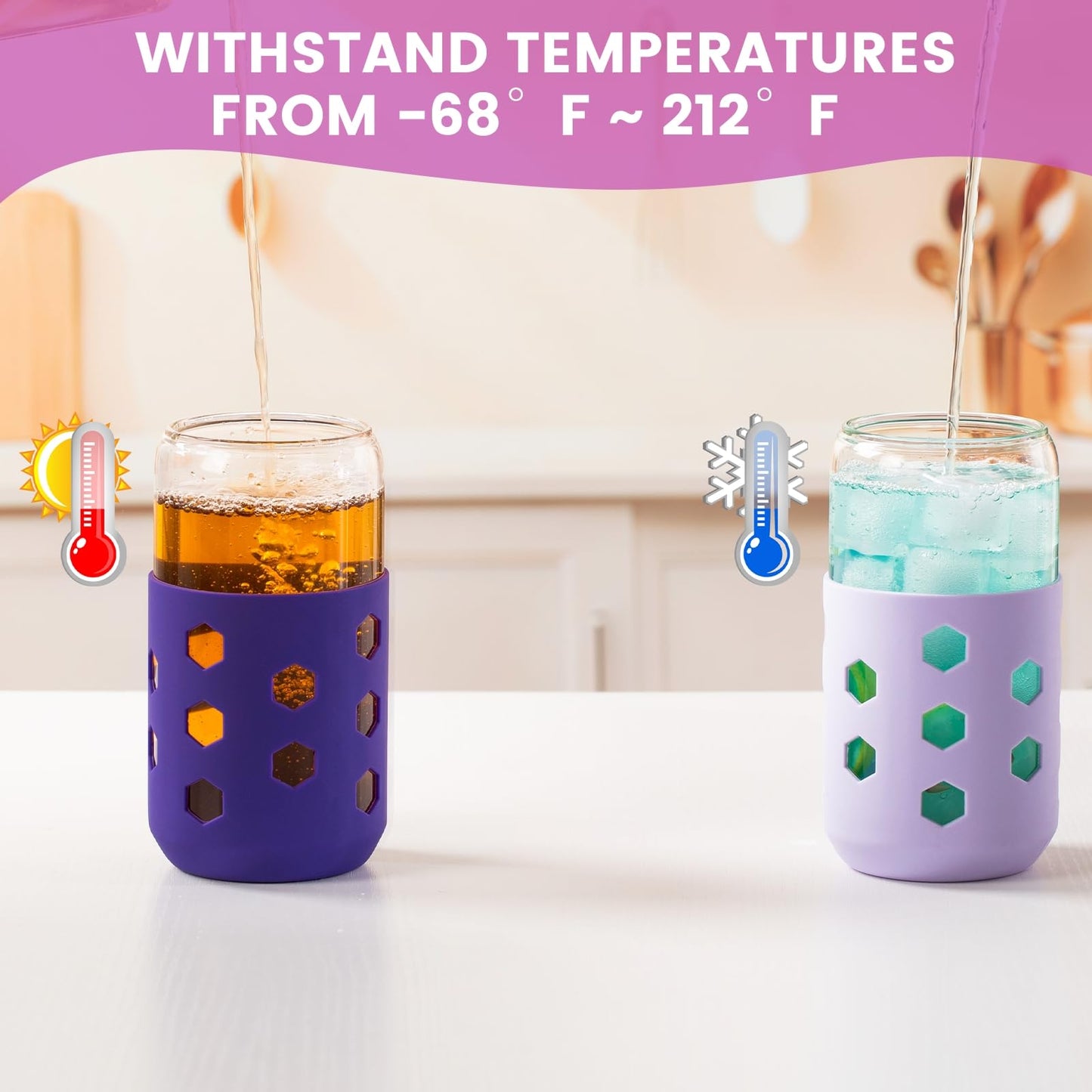 Mrsdry Glass Cups with Lids and Straws (4 Pack), 16oz Drinking Glasses Set with Silicone Sleeves for Coffee Bar Accessories Iced Coffee Cups with Lids, Glass Tumbler Reusable for Gifts