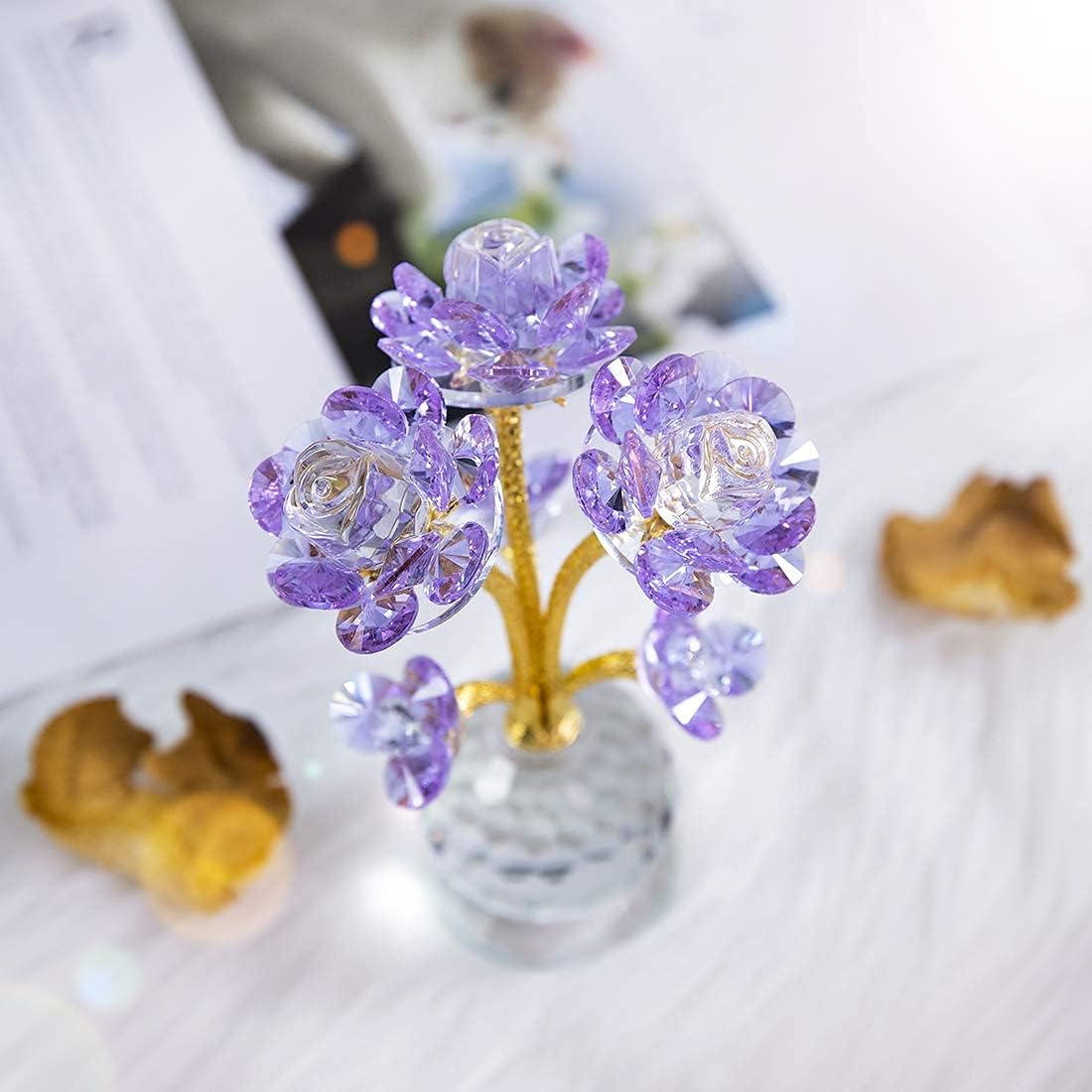 QFkris Purple Crystal Rose Flower Figurine - 6" Collectible Glass Statue | Elegant Home Decor Gift for Women