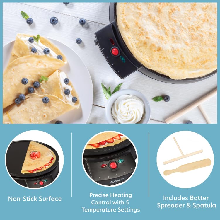 CucinaPro 12" Crepe Maker, Non-Stick Electric Griddle Pan w Batter