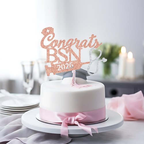 BSN Graduation Cake Topper - 2026 Nurse RN Medical School Party Decoration | Rose Gold Glitter