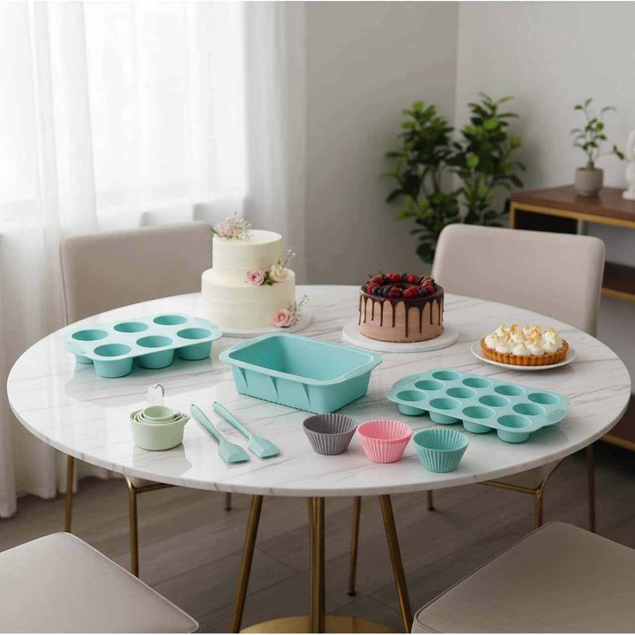 Skiennix 25 PCS Silicone Baking Pans Set - Nonstick Bakeware for Cakes, Muffins & Desserts | Round & Square
