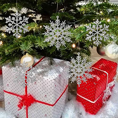 36 Pack Silver Glitter Snowflake Ornaments, Plastic Christmas Glitter Snowflake Winter Wonderland Christmas Tree Decorations, 4 Inch, Silver