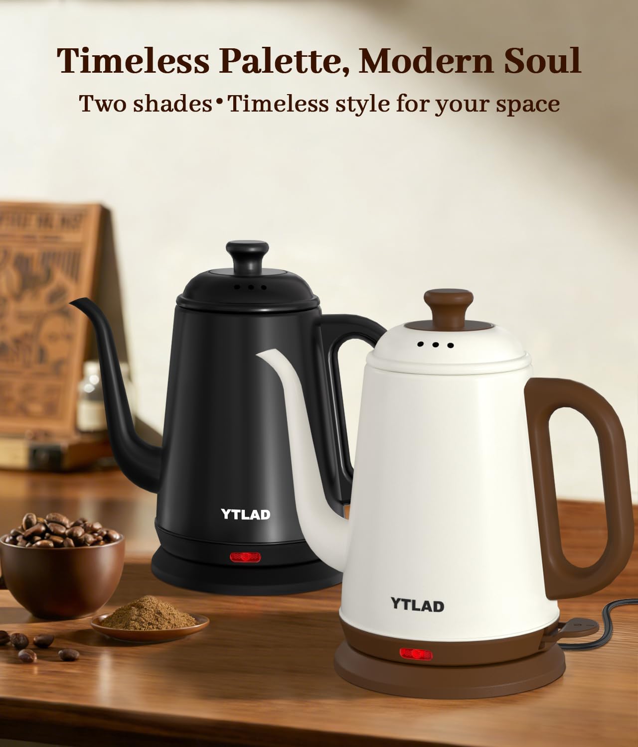 YTLAD Gooseneck Electric Kettle 1L, 1000W Fast Boiling for Pour-Over Coffee & Tea, 304 Stainless Steel BPA-Free, Precise Flow Spout, Auto Shut-Off & Boil-Dry Protection, Retro Style (White)
