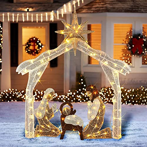 Hourleey 4ft Lighted Christmas Nativity Scene Outdoor Holiday Decor with Warm White Lights