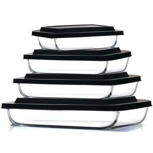 EATEX 8-Piece Deep Glass Casserole Dishes for Oven with Plastic Lids, Glass Baking Dishes for Oven, Rectangular Bakeware for Lasagna, Cooking, Leftovers, Kitchen, Freezer to Oven Dishwasher Safe