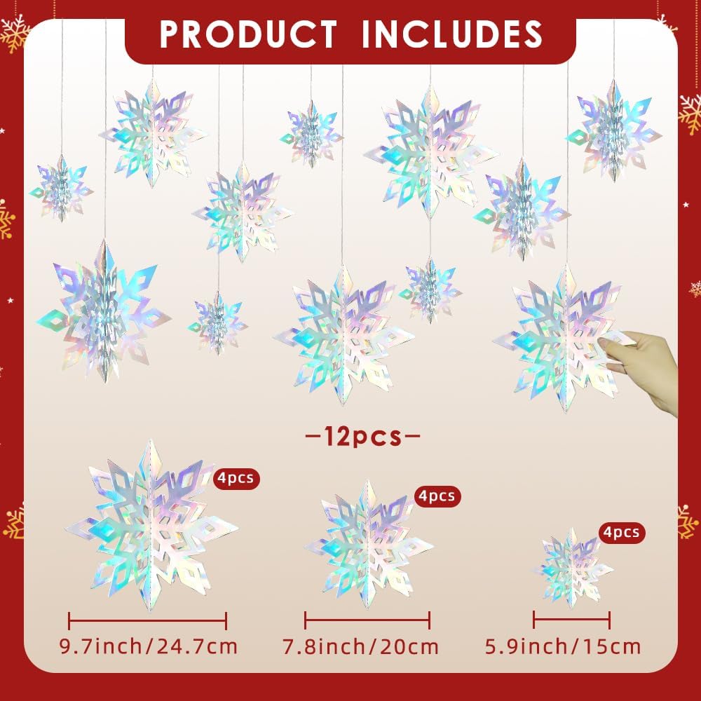 Skiennix 12PCS 3D Christmas Snowflake Decorations - Glittering Holographic Silver Ornaments for Winter Wonderland Decor