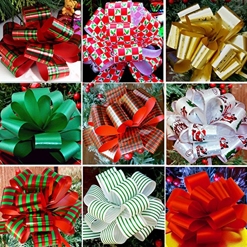 Christmas Gift Pull Bows Set of 9 - 5-inch Swirl & Stripe Holiday Decor, Variation: Christmas Prints 1