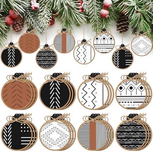 Gerrii 24 Pack Christmas Boho Ornaments Wooden Christmas Round Ornaments with Bow Xmas Hanging Sign Farmhouse Holiday Supplies Gifts for Xmas Tree Decoration(Aztec)