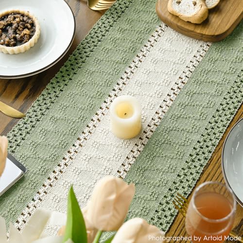 Artoid Mode Light Green Farmhouse Rustic Table Runner, Seasonal Hollow Kitchen Dining Table Decoration for Home Party Decor 12x72 Inch