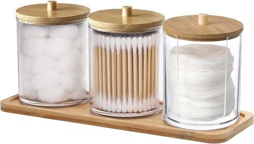 **Qtip Holder Dispenser | Bamboo Lids & Vanity Tray - 10 oz Clear Plastic Apothecary Jar for Makeup Storage**