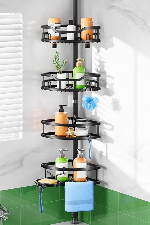 HAMITOR Shower Caddy - Rustproof Tension Pole Bathroom Organizer | 4-Tier Storage Rack for Renters - 47-121 Inch/Black