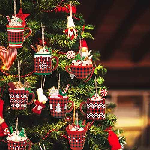 BBTO 36 Pieces Christmas Ornaments Hot Cocoa Wood Buffalo Plaid Coffee Mug with Rope Red Black Hanging Decoration Bar Xmas for Tree Home