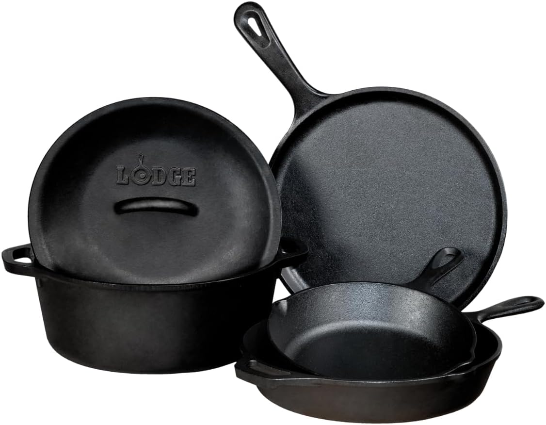 Lodge Cast Iron Set - Pre-Seasoned Cookware with Skillets, Griddle & Dutch Oven - 5-Piece PFAS-Free Set