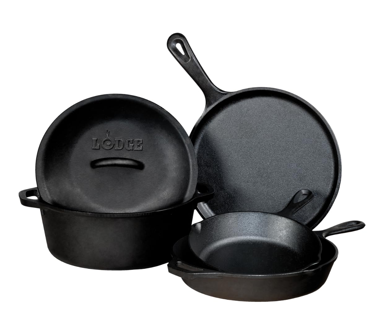 Lodge Cast Iron Set - 5-Piece Set - Pre-Seasoned Kitchen Set - Skillets, Griddle & Dutch Oven Included - PFAS-Free Non-Toxic Cookware