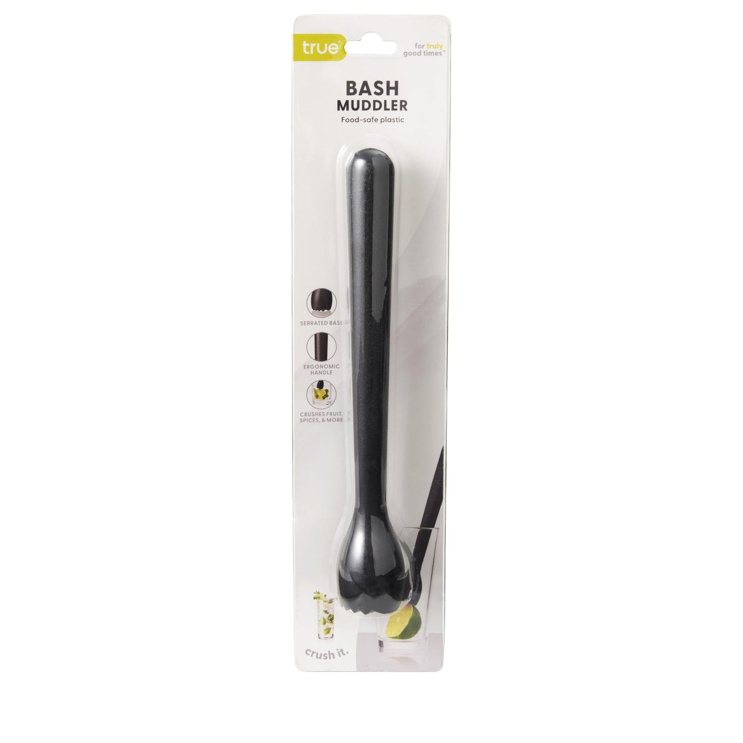 True Bash Muddler for Cocktails, Fruits, Spices, Herbs, Bar Muddler for Mojitos, Mint Juleps, Old Fashioneds, Kitchen and Home Bar Accessories, Bartender Tools, Lemon & Lime Smasher, 8.25", Black